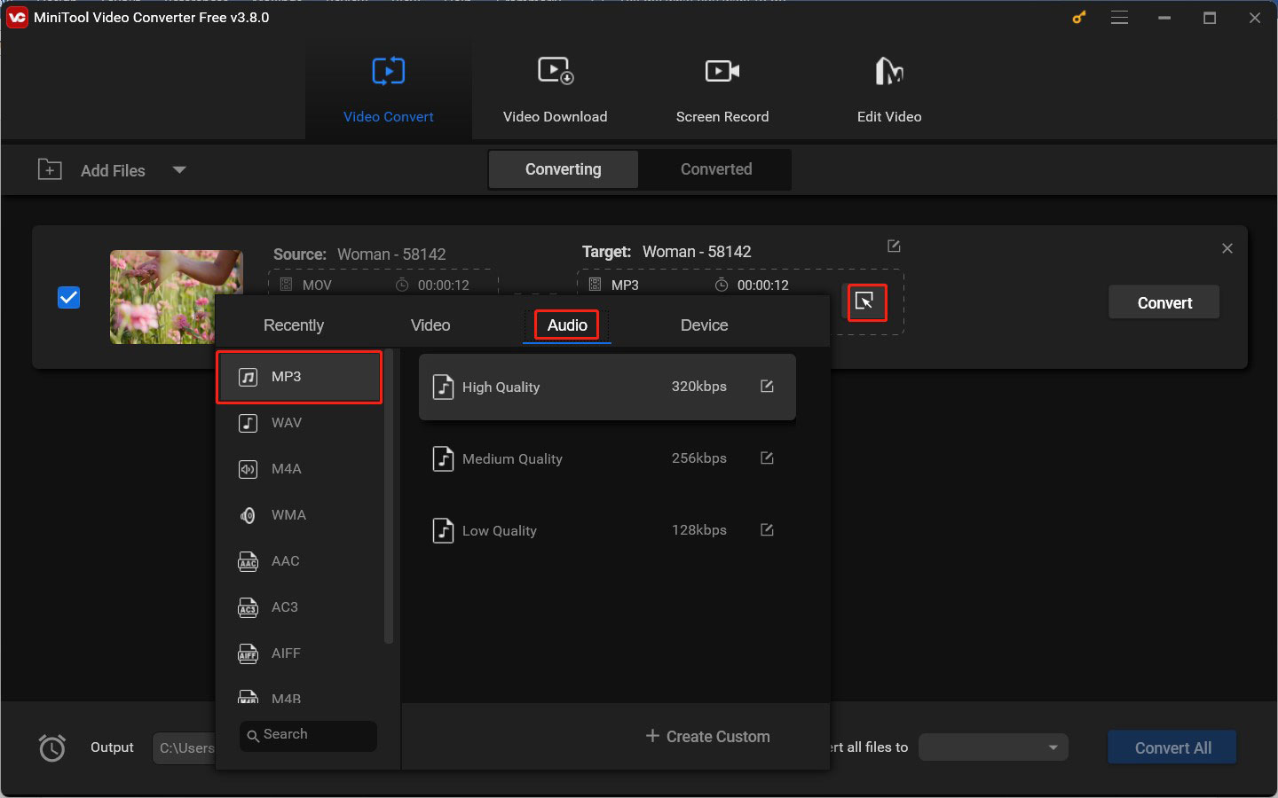 Click the diagonal arrow to open the output format window and go to Audio to choose MP3 as the target output format in MiniTool Video Converter