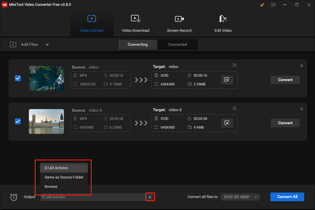 Expand the bottom-left Output option in MiniTool Video Converter and choose a saving path for your converted files