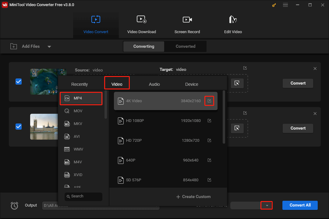 Expand the bottom-right Convert all files to option in MiniTool Video Converter and access the Settings window by clicking on the pen icon in the output format window of MiniTool Video Converter