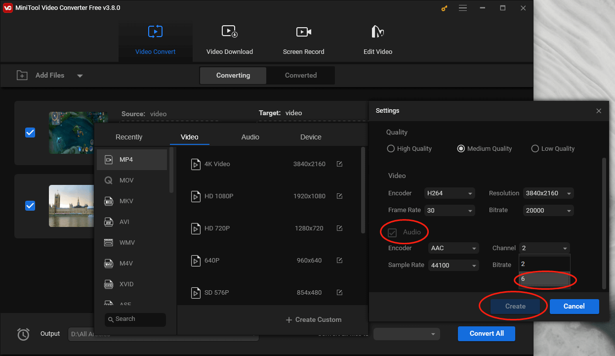 Expand the Channel option in the Settings window of MiniTool Video Converter and click on 6 and then the Create button to confirm the customization