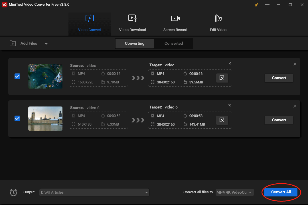 Click on the bottom-right Convert All button in MiniTool Video Converter to begin your conversion tasks