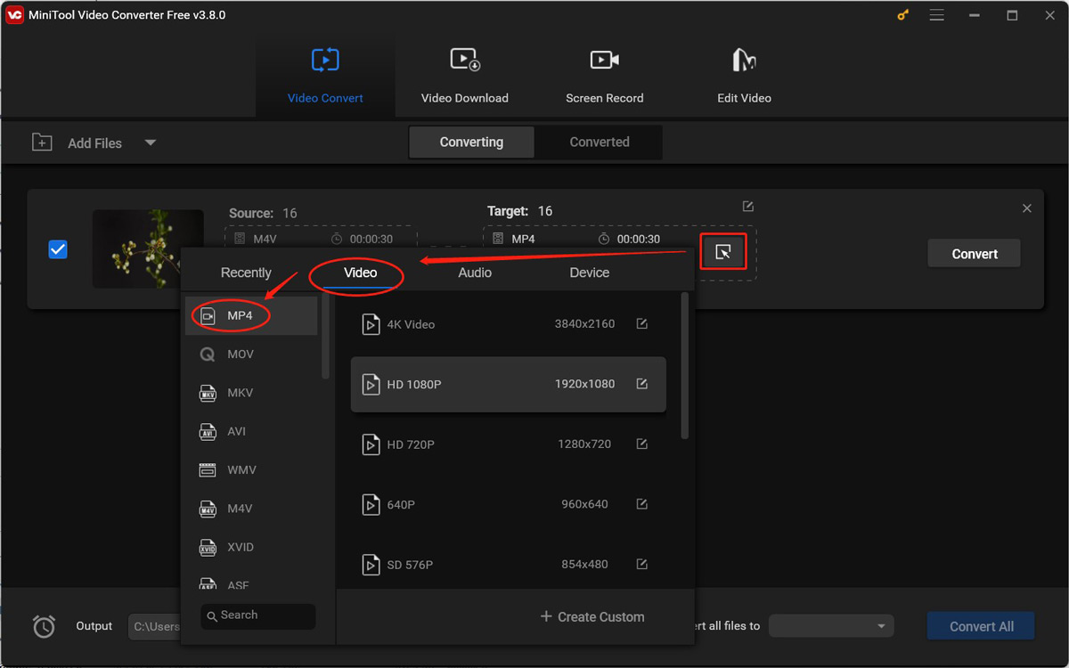 Choose one Samsung TV-supported video format as the target output format in MiniTool Video Converter