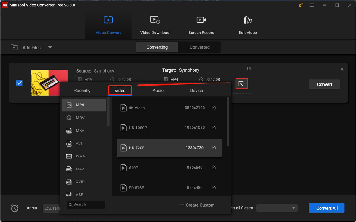 Click the diagonal arrow to open the output format window and choose a needed video format in MiniTool Video Converter