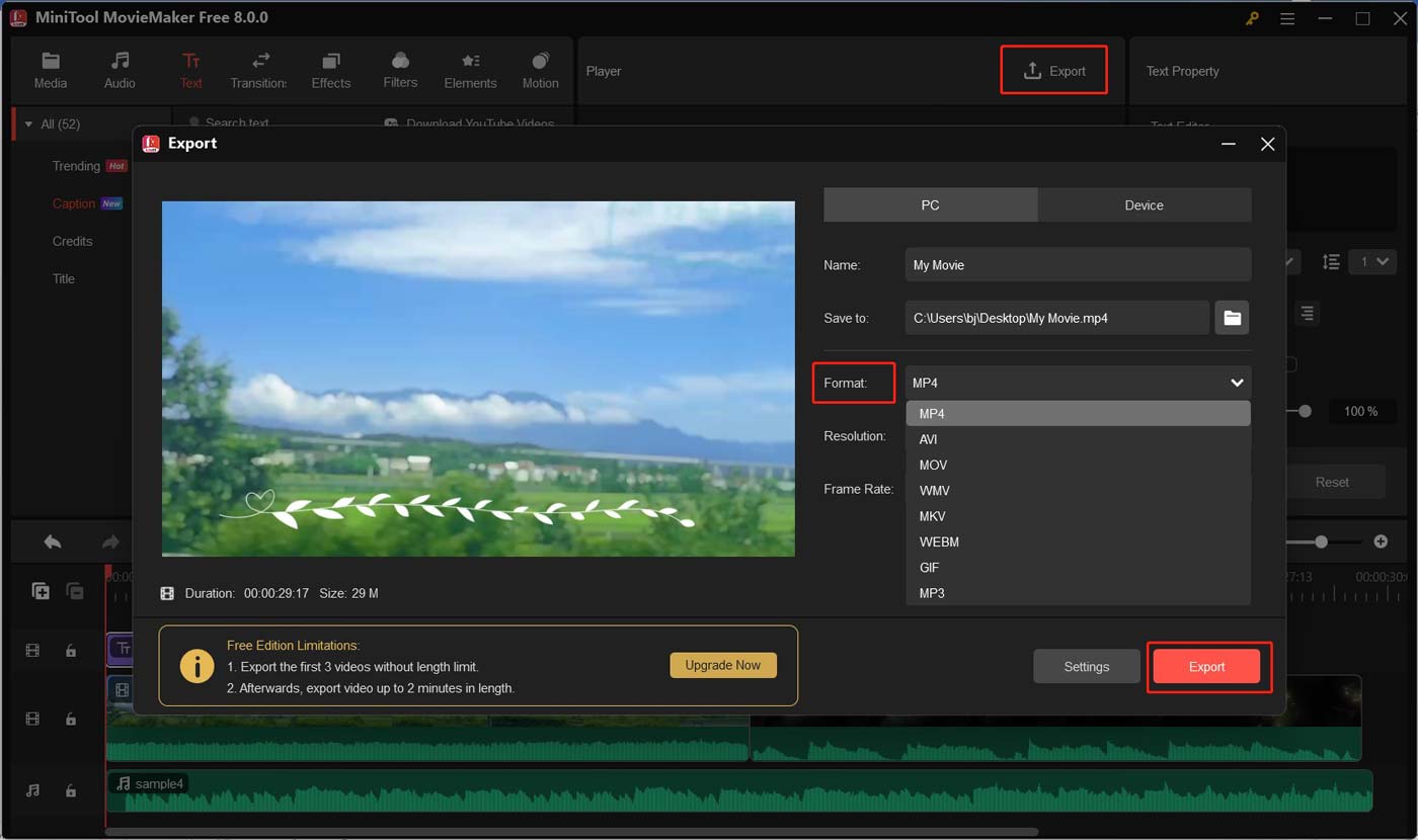 Choose the target video format and click the Export button in MiniTool MovieMaker