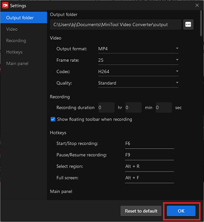 Change some parameters in MiniTool Screen Recorder for screen recording on Twitter