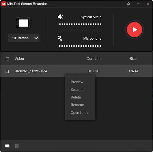 Right-click the target recording to rename, delete, preview, etc. in MiniTool Screen Recorder