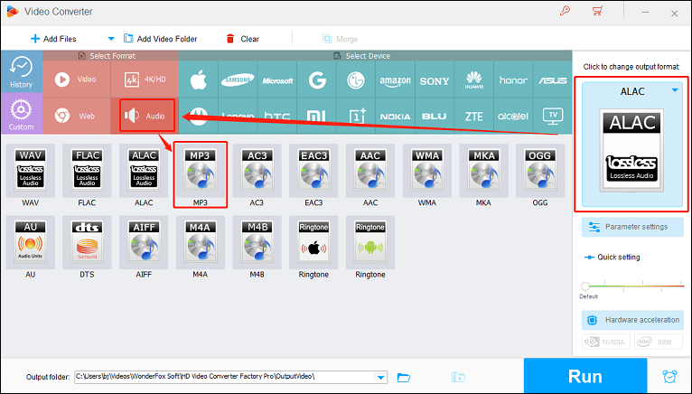 Choose MP3 as the output format for conversion in HD Video Converter Factory Pro