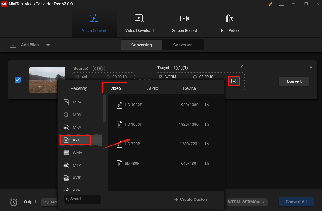 Choose AVI as the output format under the Video tab in the output format window