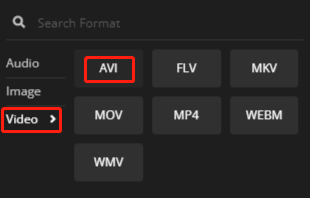 Click the inverted arrow next to “Convert to” and select AVI as the output format under the Video tab from the drop-down menu