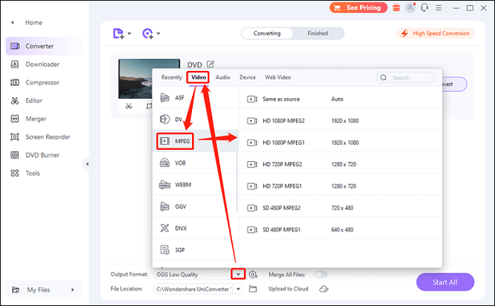 Select MPEG as the output format for conversion in Wondershare UniConverter