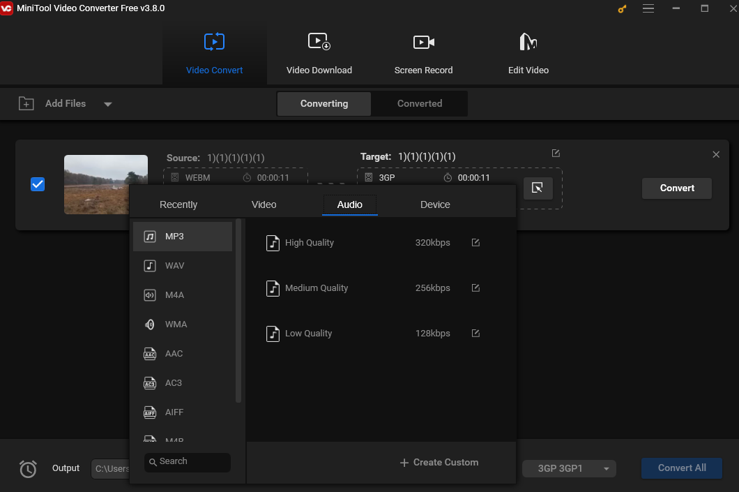 Choose MP3 as the output format under the Audio tab in the output format window