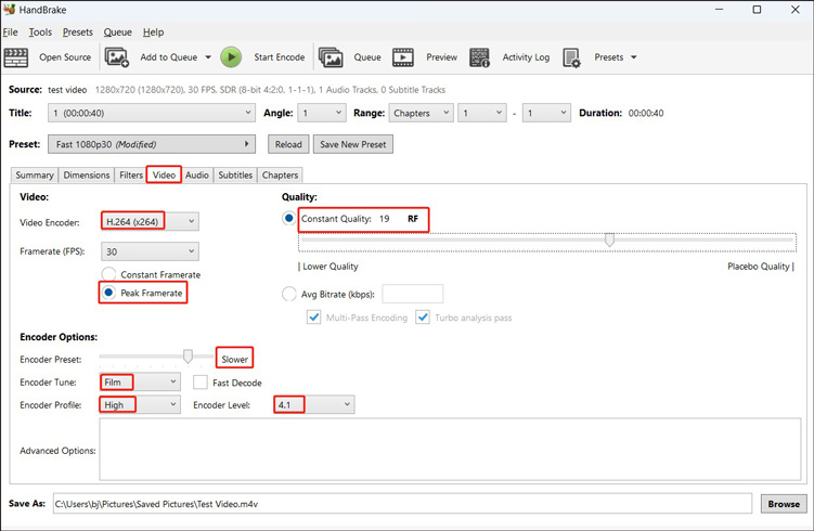 Go to the Video subtab in HandBrake to set the video encoder, framerate, encoder preset, encoder tune, encoder profile, encoder level, and constant quality according to the best HandBrake settings for Plex