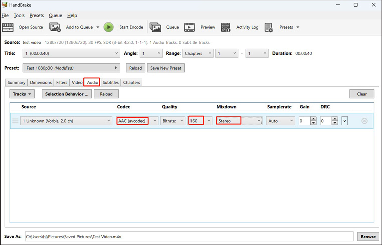 Go to the Audio subtab to set AAC as the codec, keep the 160 bitrates and set the Mixdown in HandBrake