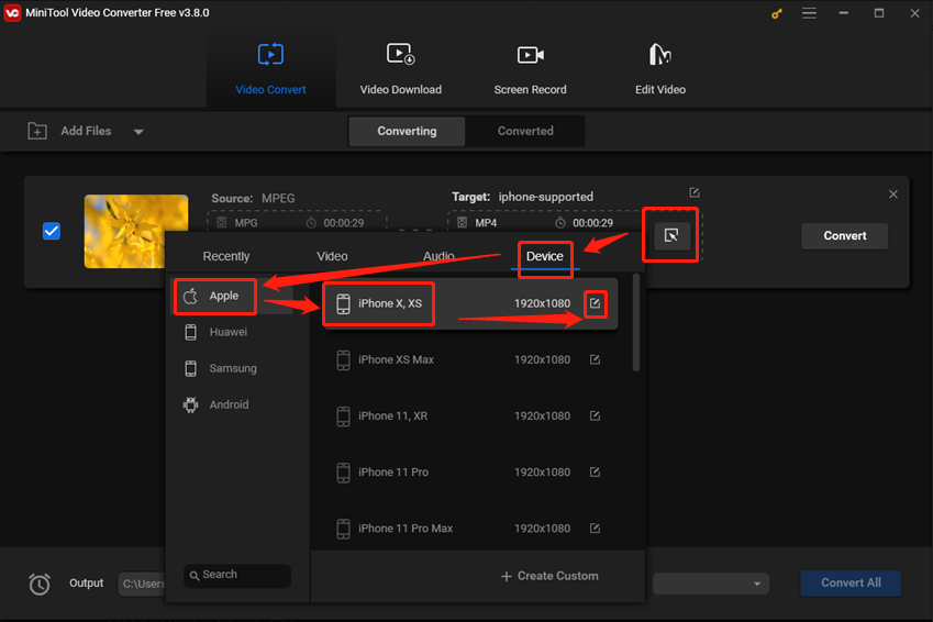 Select an iPhone-supported format as the output format for conversion in MiniTool Video Converter