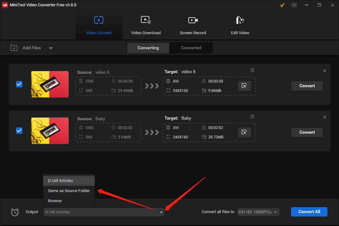 Click on the inverted arrow at the bottom left of MiniTool Video Converter interface to expand the Output option and choose a saving path