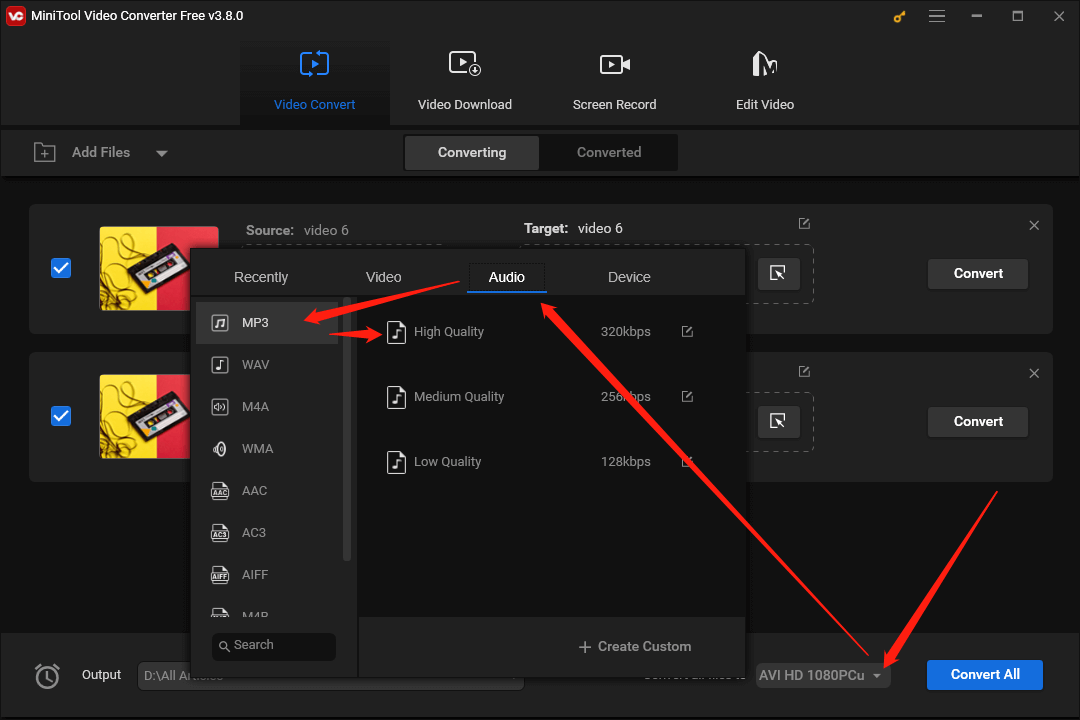 Click on the inverted arrow at the bottom right of the MiniTool Video Converter interface to access the output format window and set MP3 High Quality as the output format