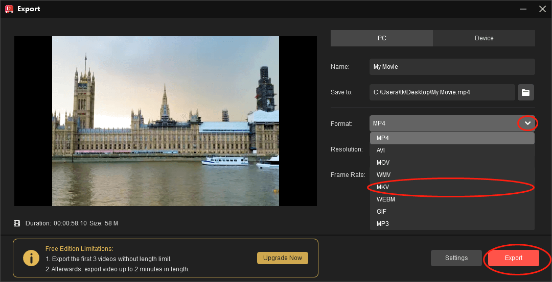 Click on the Export button in the Export window of MiniTool MovieMaker to save your AVI file in the MKV format