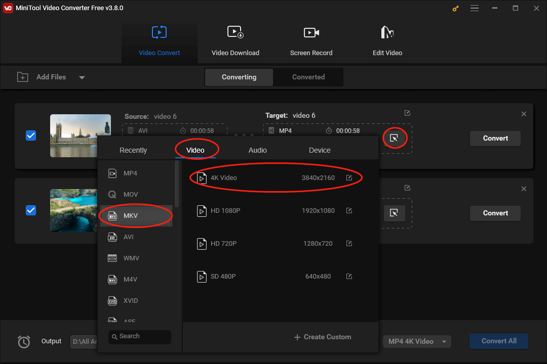 Click on the Edit icon in MiniTool Video Converter to open the output format window and set MKV 4K Video as the output format of a single AVI file