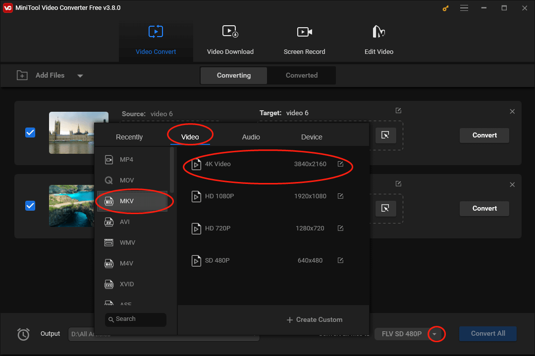 Expand the Convert all files to option at the bottom right of MiniTool Video Converter and set MKV 4K Video as a uniform output format of all AVI files