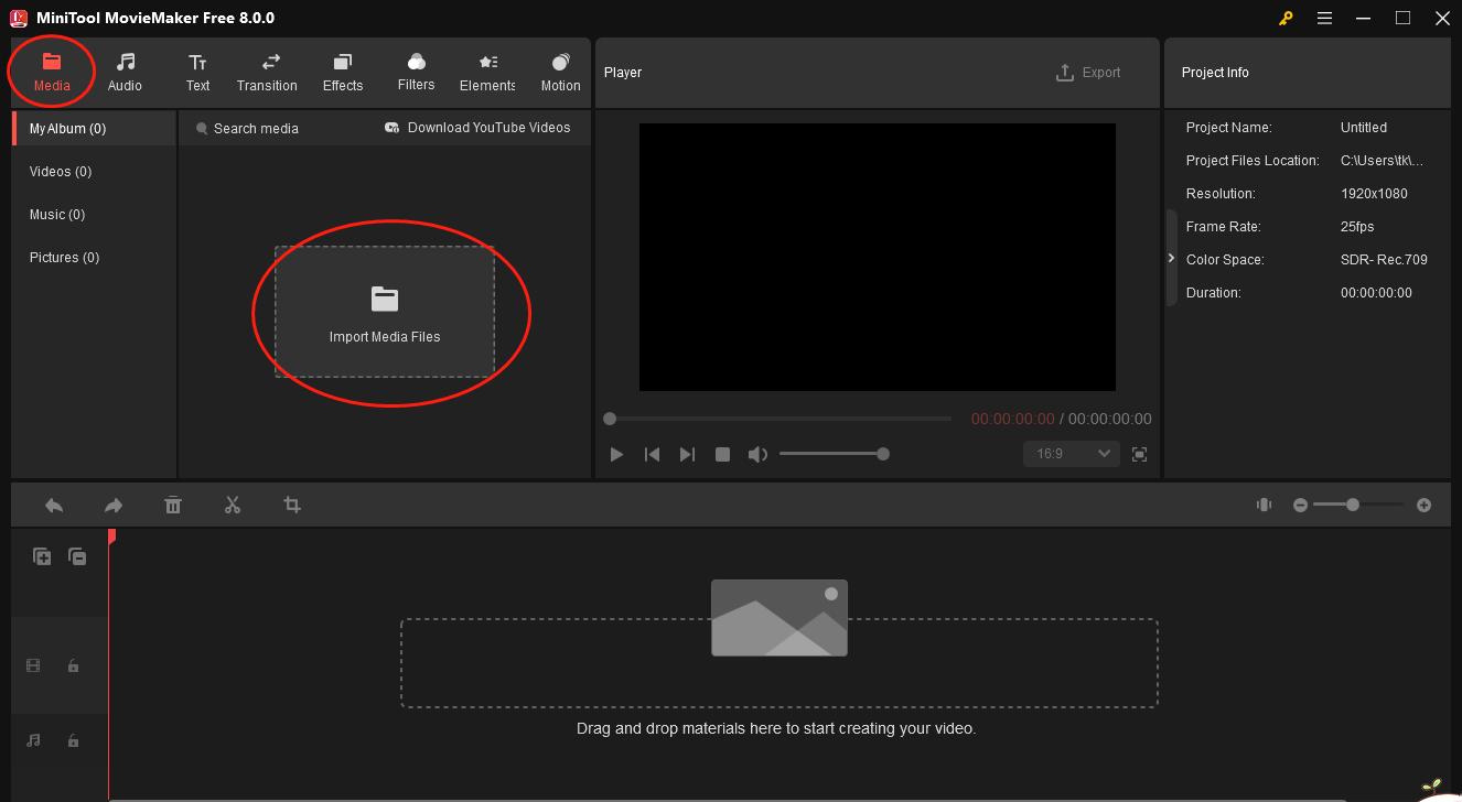 Click on Import Media Files in MiniTool MovieMaker to upload your AVI file