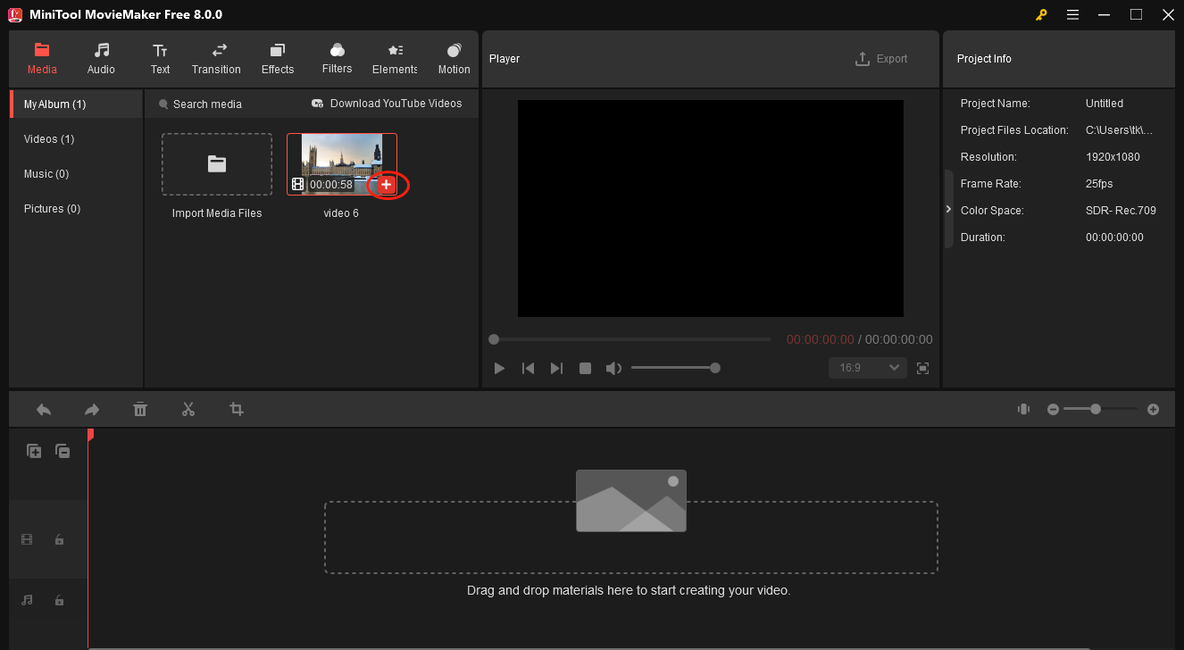 Click on the plus icon in MiniTool MovieMaker to put your AVI video on the track