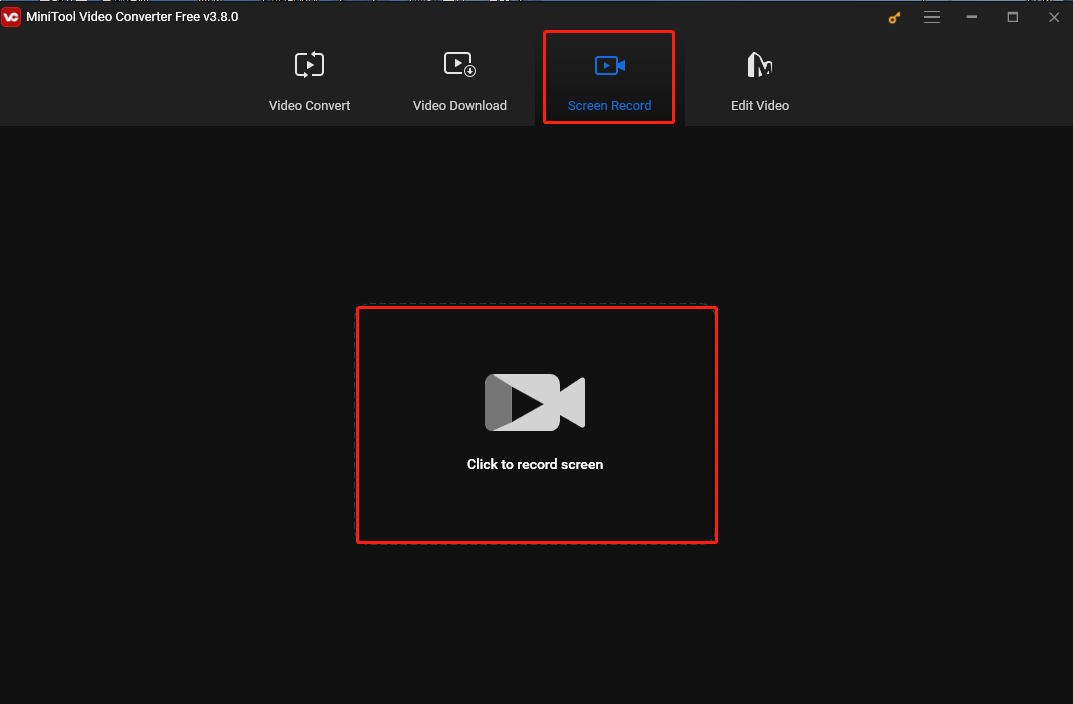 Click Screen Record on the top and hit the Click to record screen area to open the MiniTool Screen Recorder panel