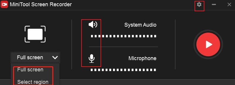 Customize the recording area and audio source and click the gear icon to adjust more recording settings in MiniTool Screen Recorder