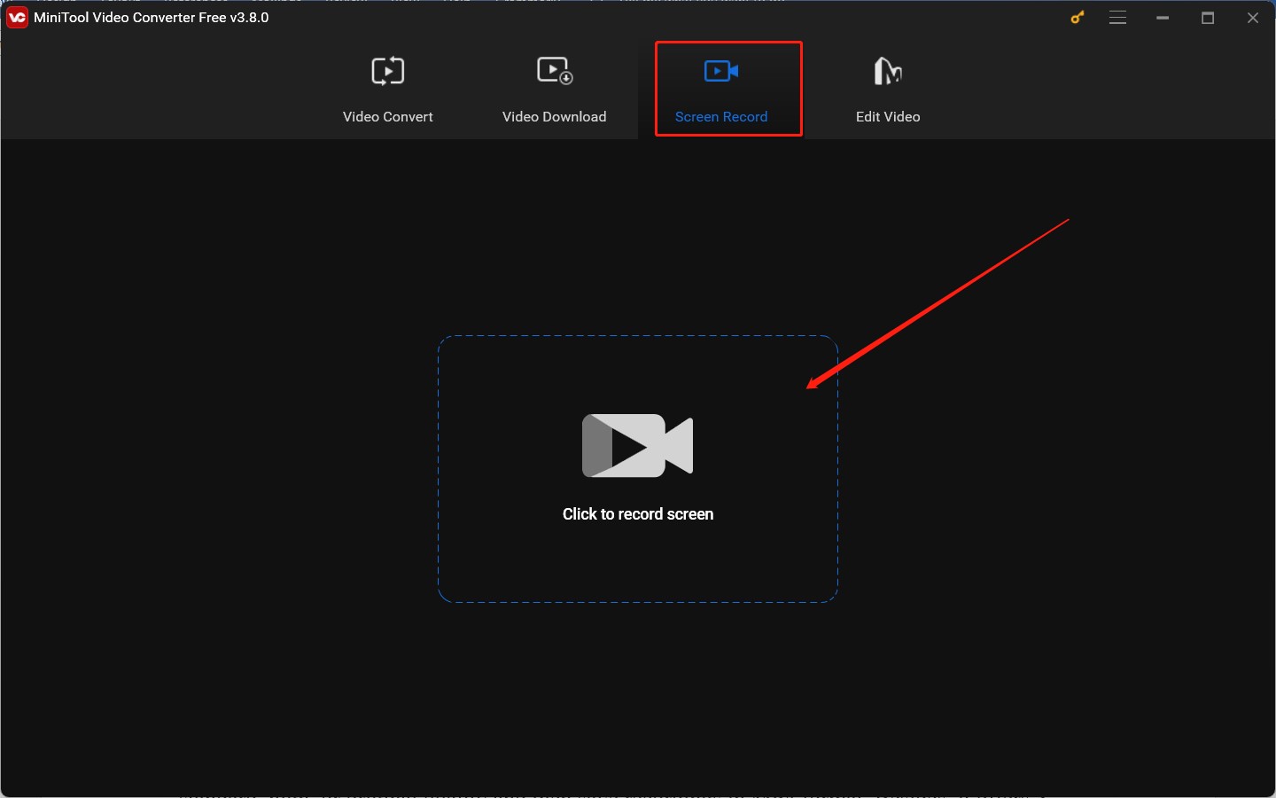 Hit the Click to record screen area under the Screen Record module of MiniTool Video Converter to access MiniTool Screen Recorder