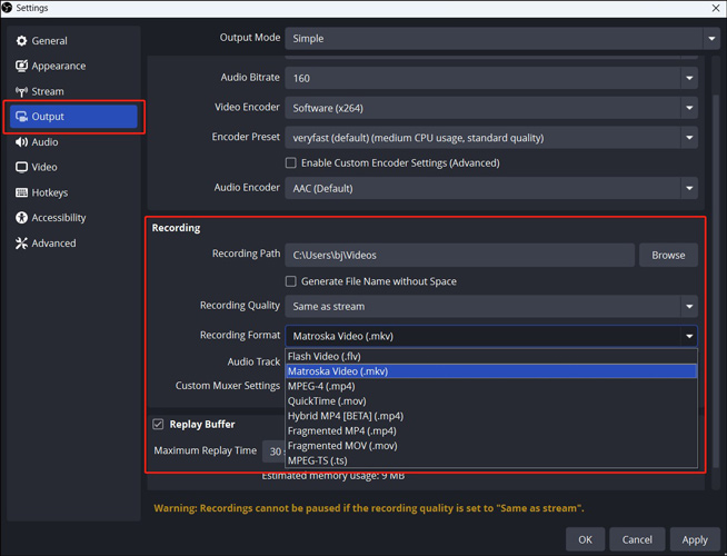 Personalize the Output recording settings on the Settings window of OBS