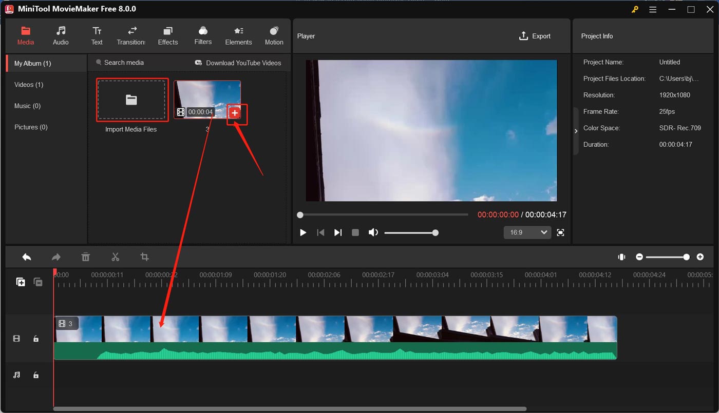 Import the Figma prototype recording into MiniTool MovieMaker and then click the plus icon to add it to the timeline
