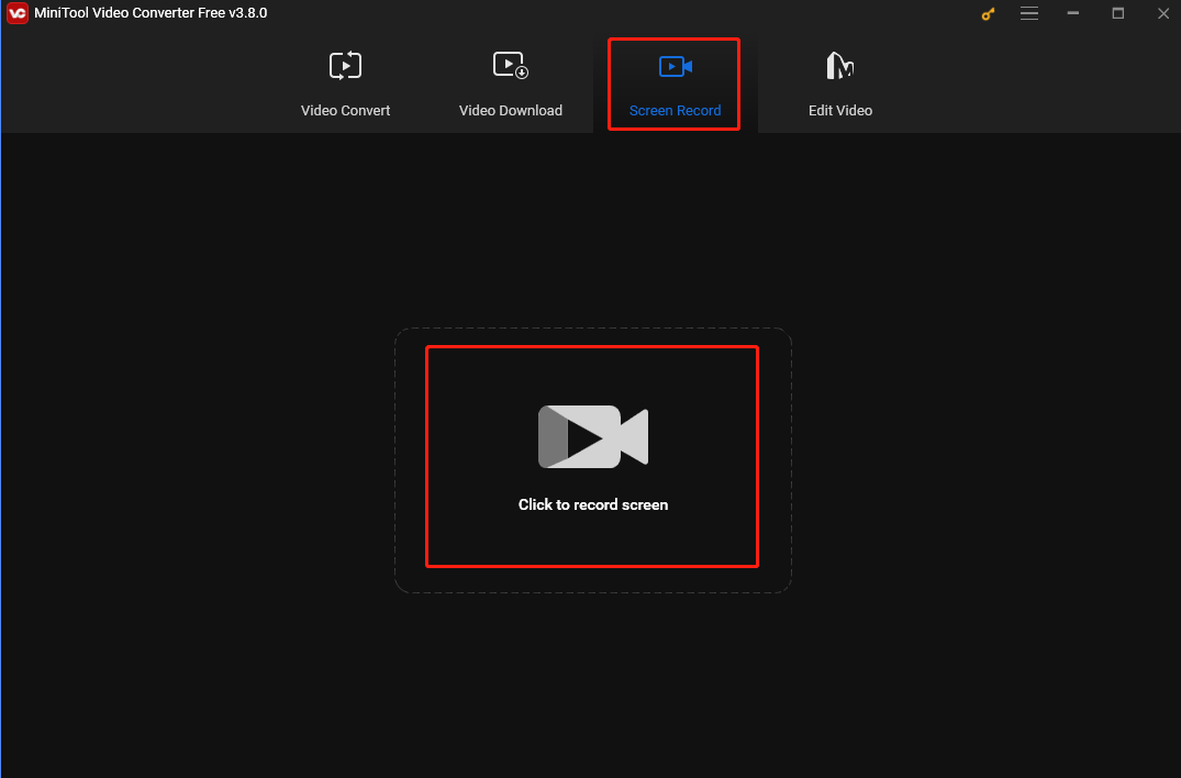 Click the Click to record screen area under the Screen Record tab of MiniTool Video Converter to open MiniTool Screen Recorder