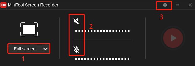 Click the inverted arrow next to Full screen and choose the Select region option from the dropdown to customize the recording area, click the System Audio and Microphone icons to turn on/off the system audio and microphone, and click the gear icon for more settings