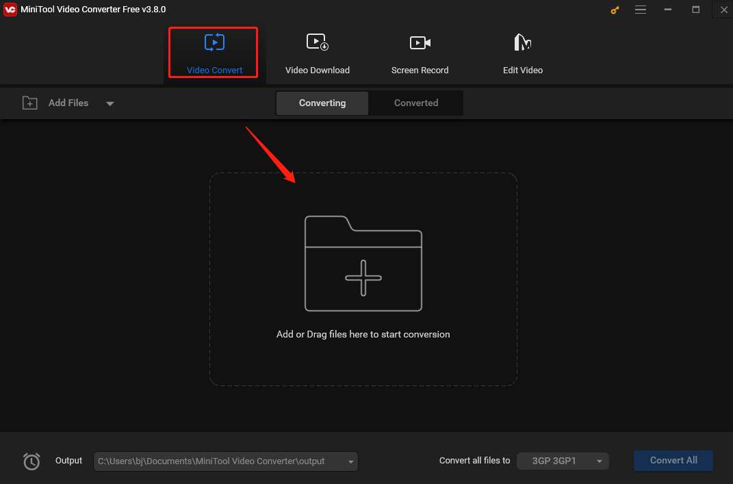 Select the Video Convert option in the main interface and click the Add or Drag files here to start conversion region to add the recorded video