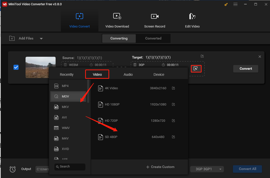 Click the Edit button under Target to open the output format and select MOV or another video format as the output format under the Video tab