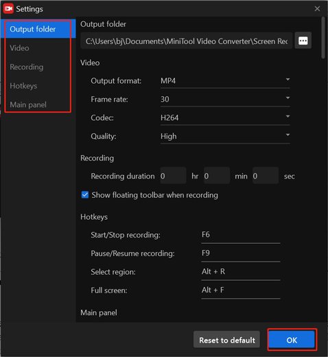 The recording Settings page of MiniTool Screen Recorder