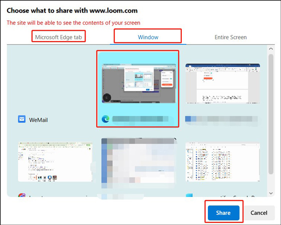 Choose the Microsoft Edge window under the Window tab of Loom as the target recording area