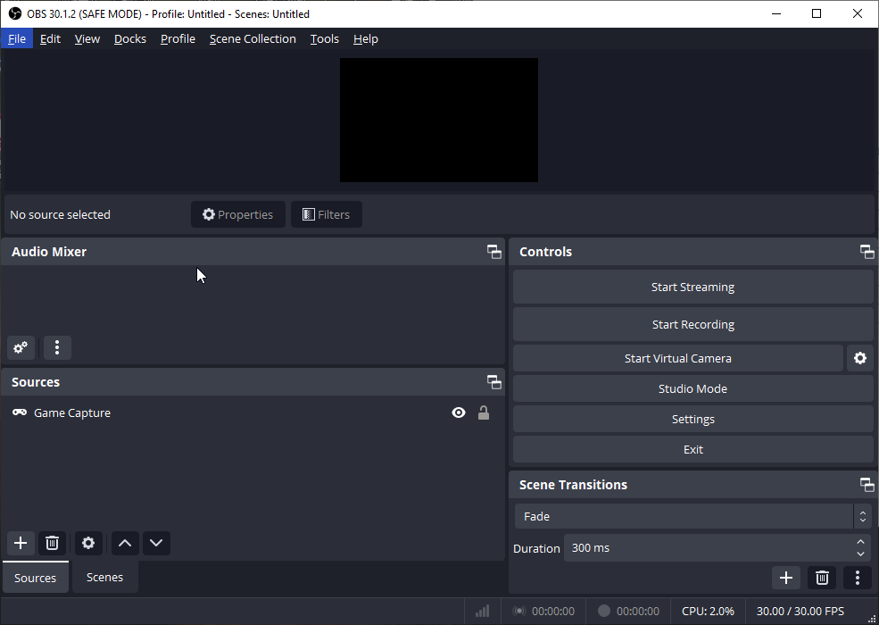 The main interface of OBS Studio