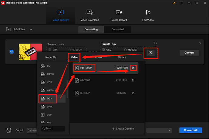 Select OGV as the output format for conversion in MiniTool Video Converter