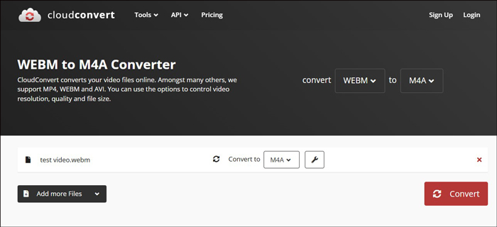 The WEBM to M4A Converter page of CloudConvert