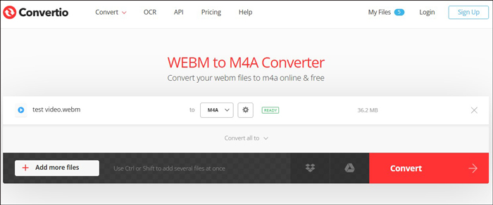 The WEBM to M4A Converter page of Convertio