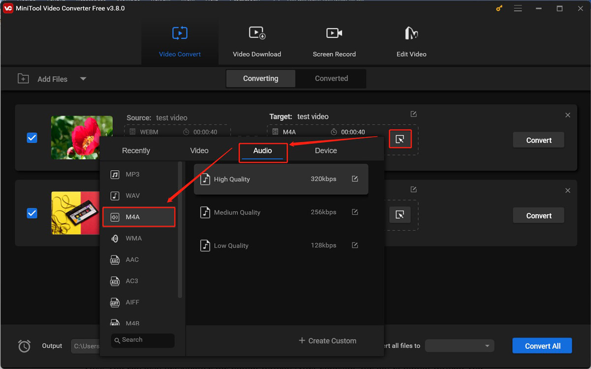 Click the Edit icon in the Target box of MiniTool Video Converter to choose the M4A option under the Audio tab as the target output format