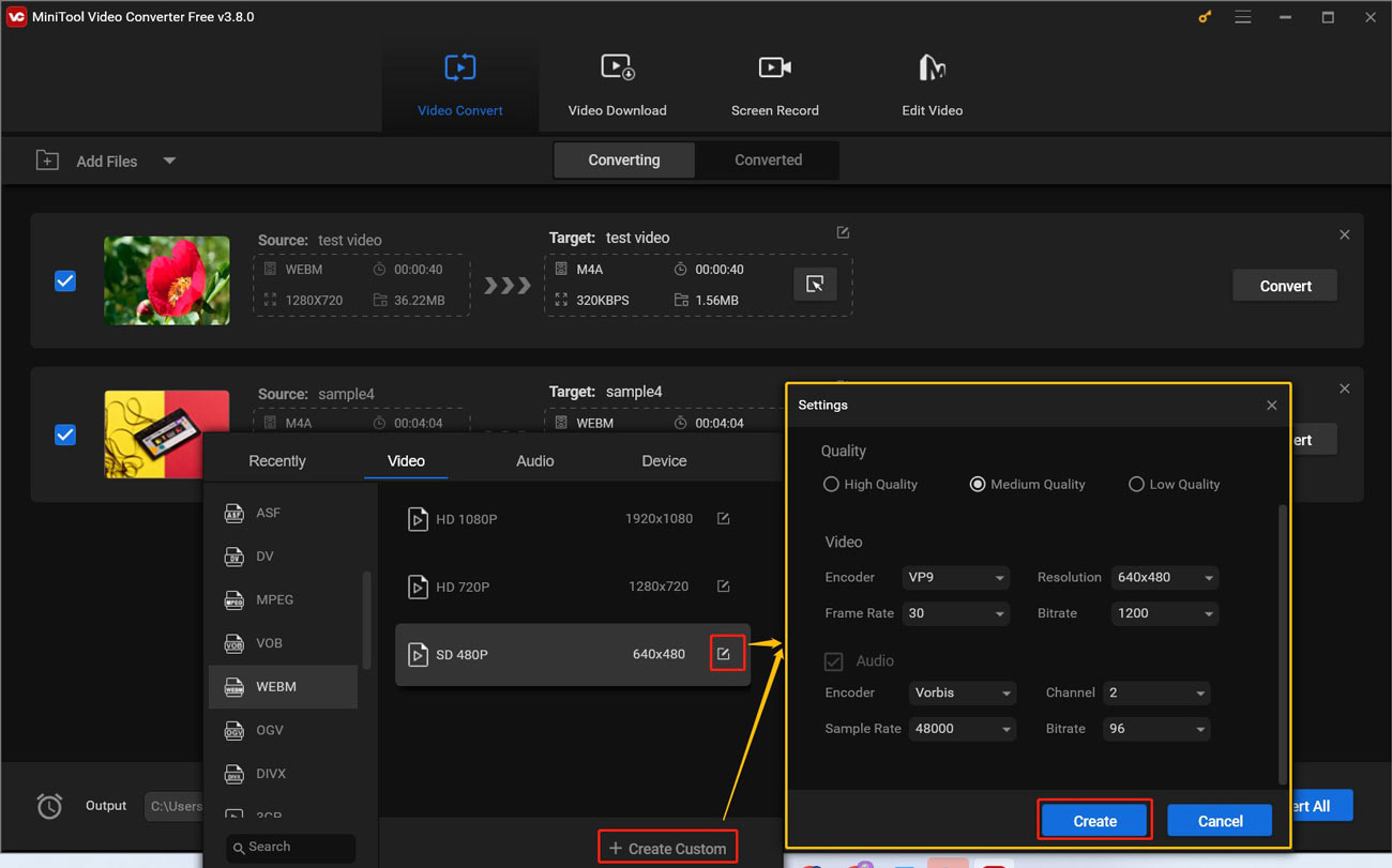 Click on + Create Custom to open the format setting window to personalize some parameters and click Create to save the newly created format in MiniTool Video Converter