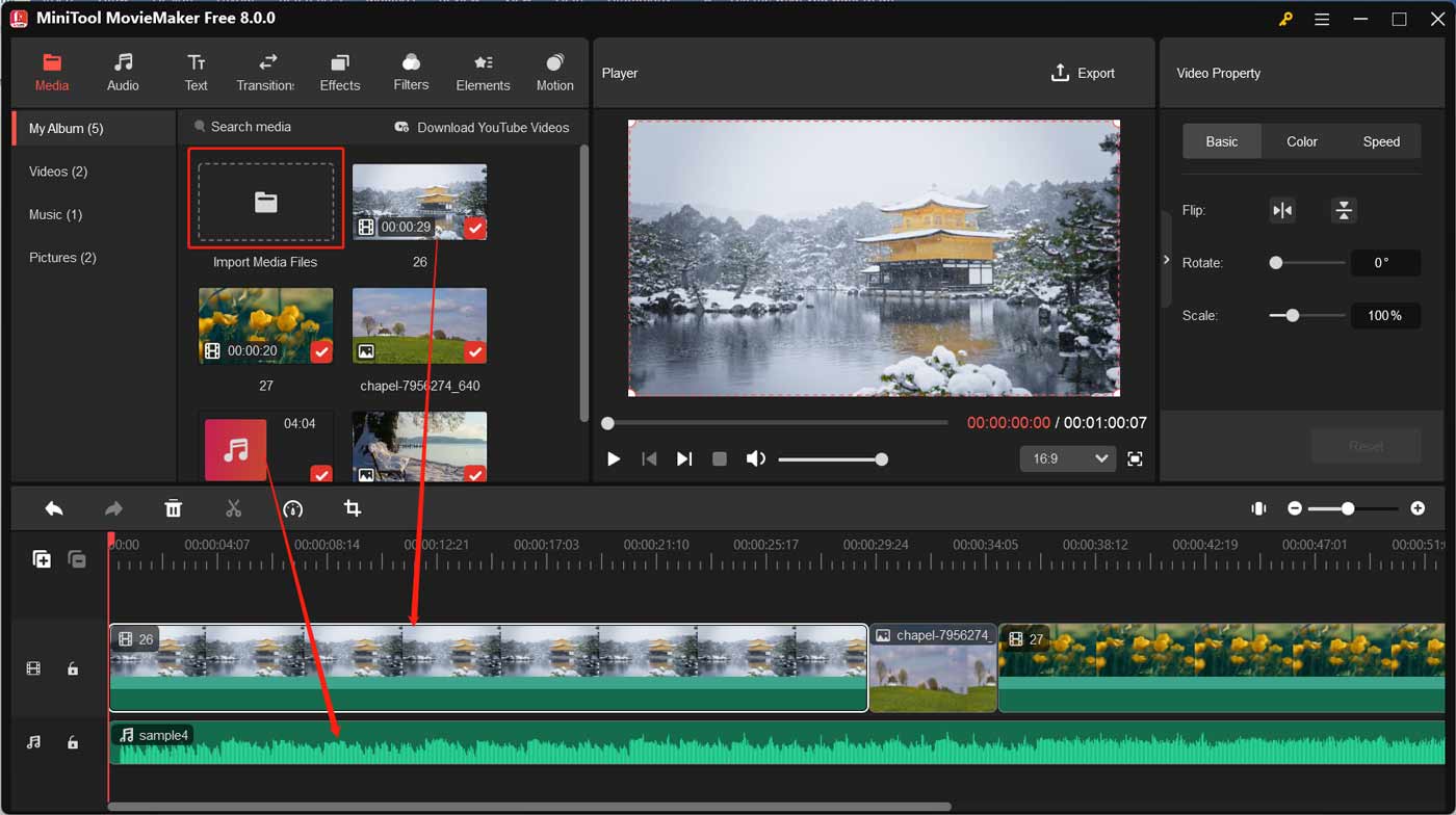 Click the Import Media Files area to import target files into MiniTool MovieMaker and then add them to the timeline