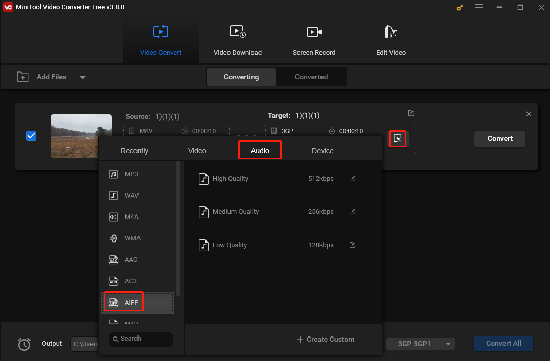 Choose AIFF as the output format under the Audio tab in the output format window