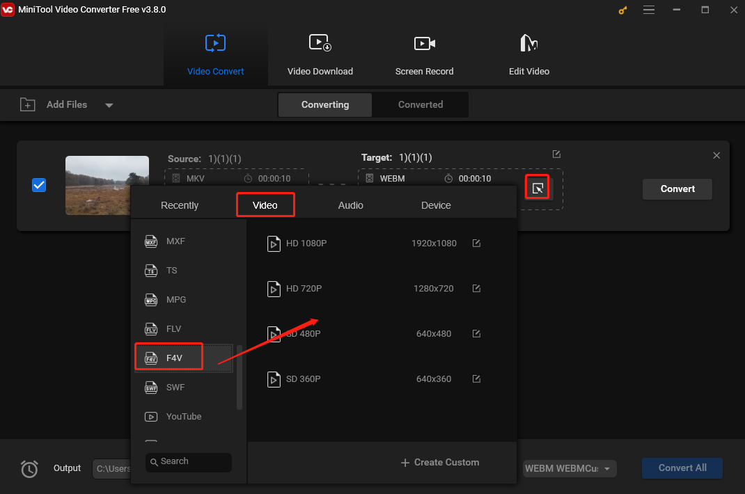 Choose F4V as the output format under the Video tab in the output format window