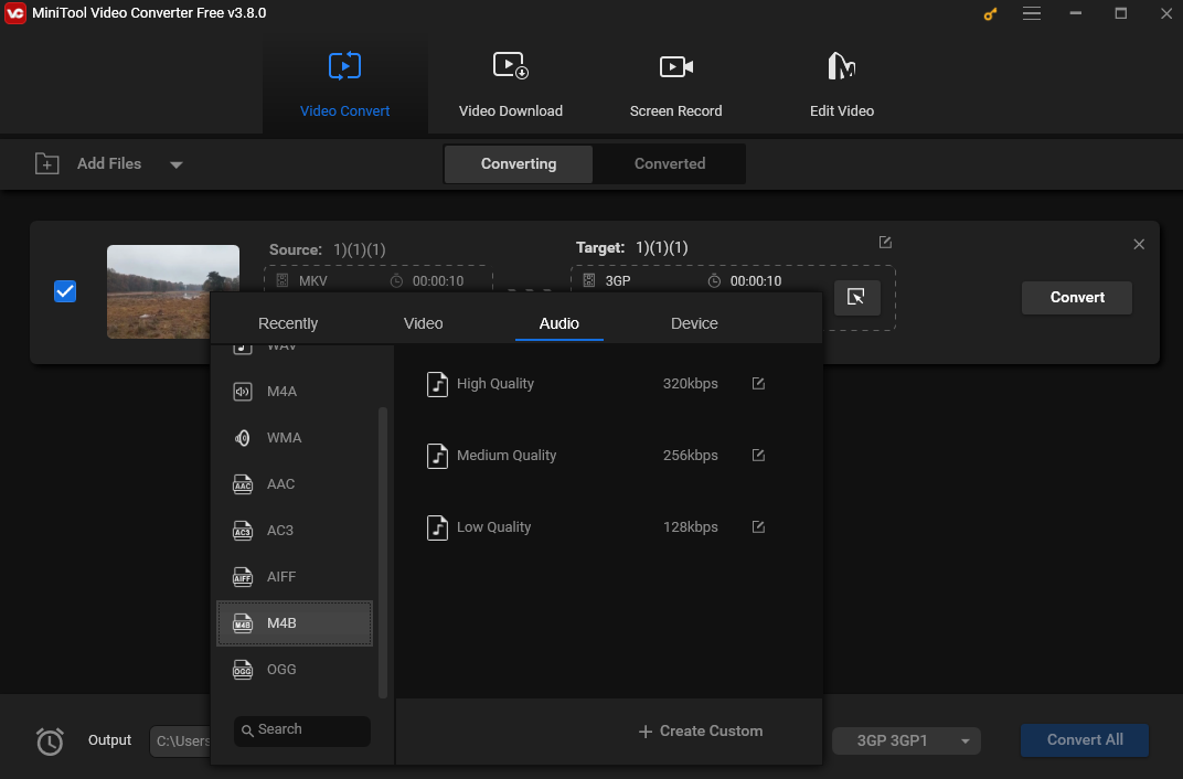 Choose M4B as the output format under the Audio tab in the output format window