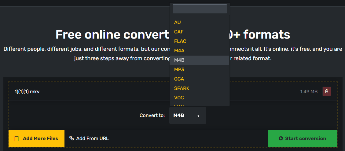 Click the output format box next to “Convert to” and select M4B as the output format