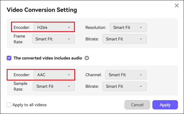 Select H264 from the first Encoder dropdown and AAC from the second Encoder dropdown and then click Apply