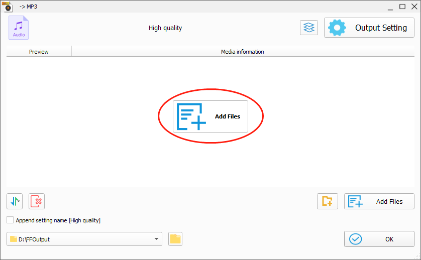 Click on the Add Files button in the MP3 Converter of Format Factory to import your MOD files