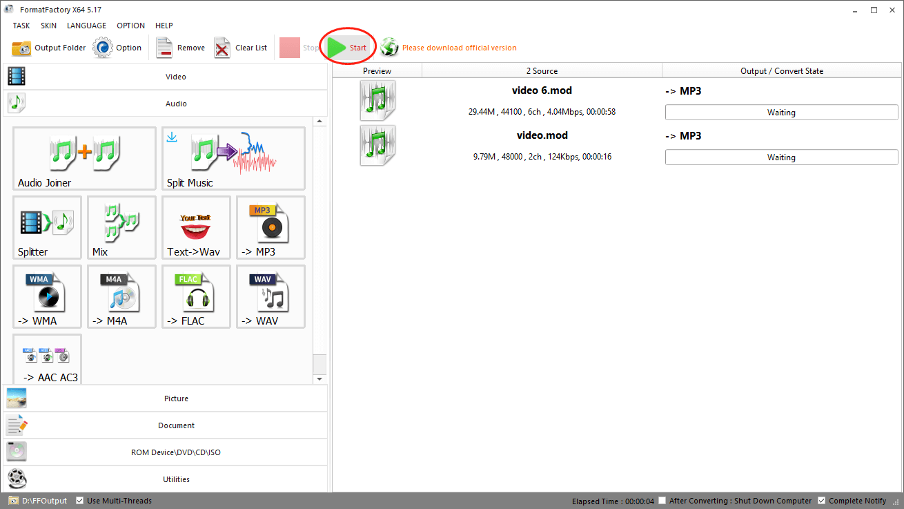 Click on the Start button in Format Factory to begin the conversion from MOD to MP3
